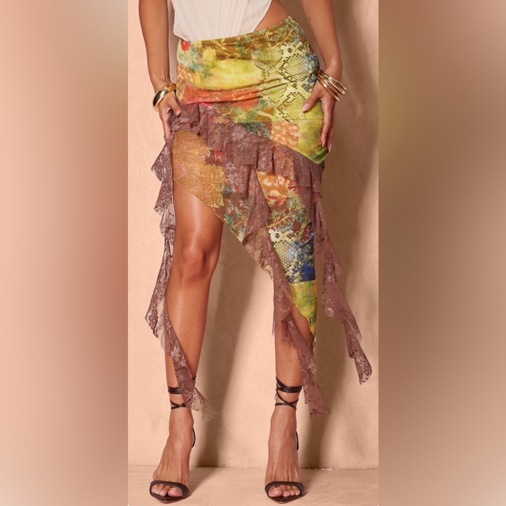 SOLD!PrettyLittleThing Asymmetrical Skirt with Lace Trim - Multicolor